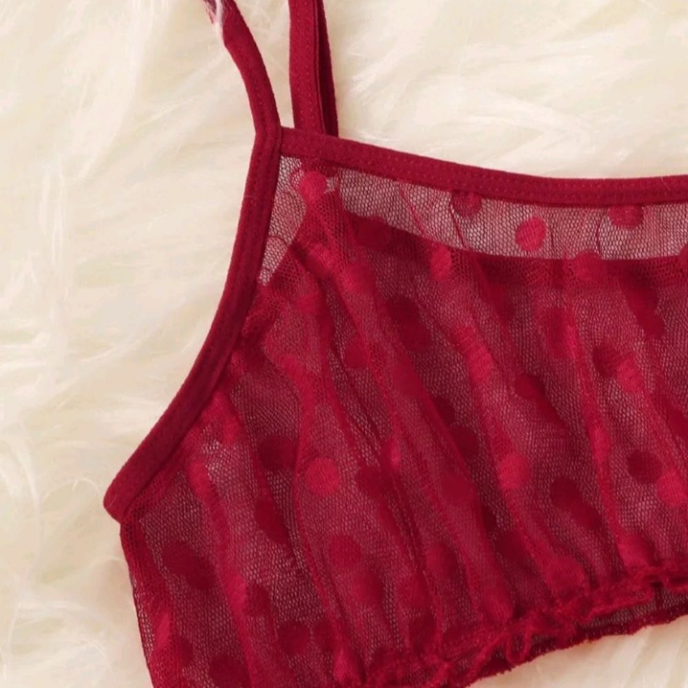 Red Polka Dot Lingerie Set • Mesh Bikini Style Lingerie Outfit - Picture 6 of 11